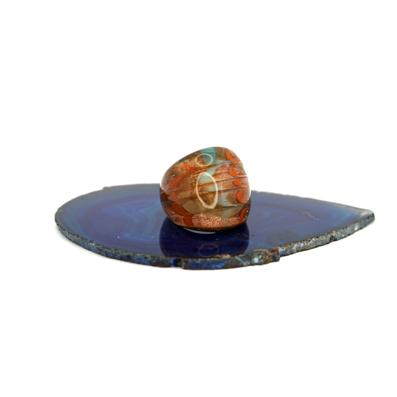 1970s Handblown Light Blue And Orange Swirl On Gold Glitter Glass Ring 18$